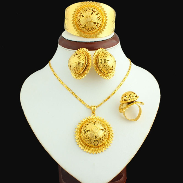 Big Size Ethiopian Jewelry Sets 24K Gold Plated Necklace/Earring/Ring/Bangle/Pendant  Women Bridal Eritrea Wedding Accessories