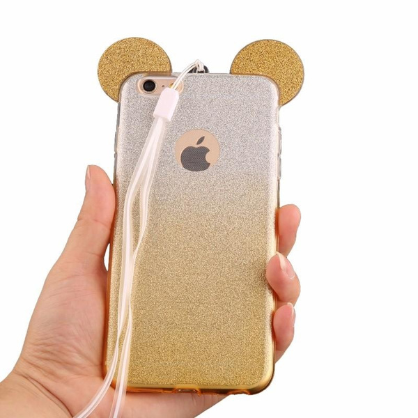 2016 New 3D Mickey Minnie Mouse Ears TPU Glitter Gradient Case For IPhone 6 6S Case Cover With Hang Rope Phone Cover