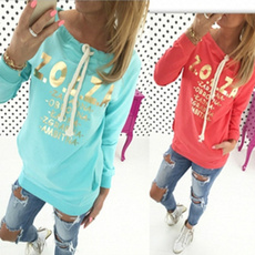 Women's O neck Long Sleeved Letters Bronzing Printing Sweater
