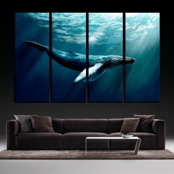 4 Panels Large Size Beautiful Whale Ocean Water Underwater Diving Modern  Creative Animal Photography Picture Wall Art Picture Modern Home Decor  Living Room or Bedroom Canvas Print Painting DIY Murals House Decoration