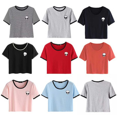 Women Summer Short Sleeve Tee Blouse Casual Crop Top Alien Printing T-Shirt S-XL