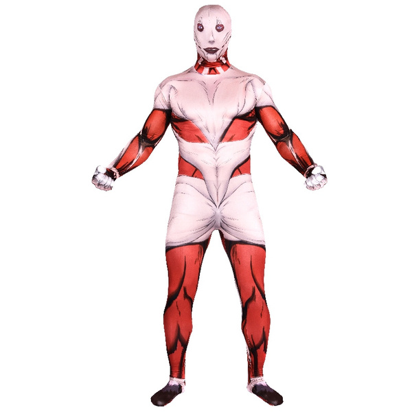 Sexy Red 3D Printed Attack On Titan Anime Cosplay Halloween Costumes Giantess Muscle Zentai Suit