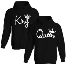 King Queen Letter Soul Mate Couple Hoodie Cartoon- Funny Couple Hoodies Sweater (Black for Women ,White for Men)
