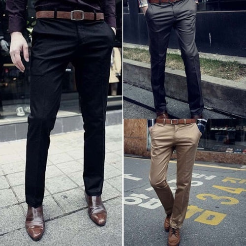 Korean Men Fashion Casual Leisure Slim Fit Solid Dress Pants Formal Business  Flat Front Slacks Trousers