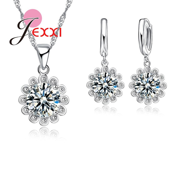 Real 925 Silver Diamond Ring Pendant Necklace Earrings Jewelry Set Wedding  Girls