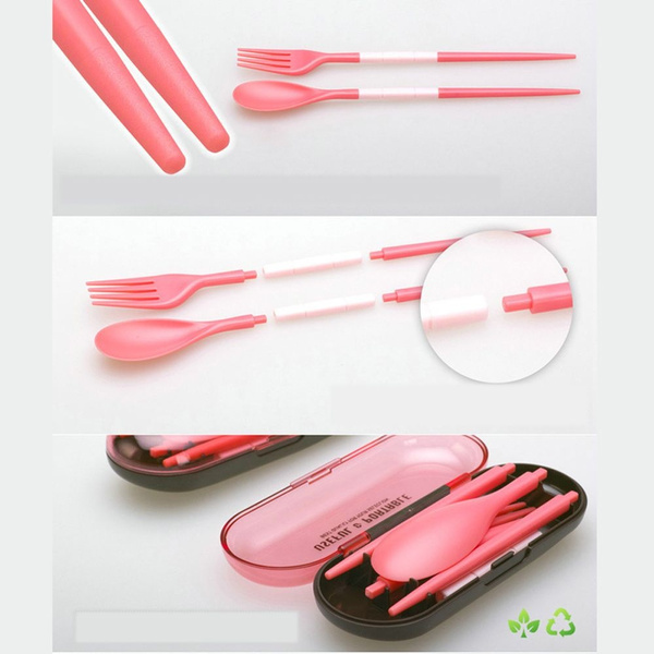 Foldable Plastics Fork Spoon Chopsticks Portable Tableware Set Green Travel 