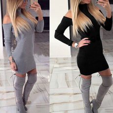 Women's Turtle Neck Classical Black/Grey Sexy Off Shoulder Knitted Slim Knitwear Bodycon Sweater Mini Dress Jumpersuit Cotton