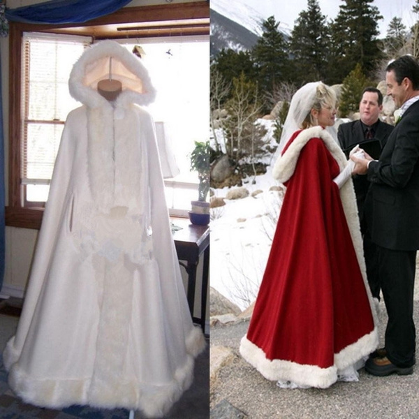 Bridal Winter Wedding Cape Hooded with Fur Trim Long Girl Cloak Shawl Outwear 
