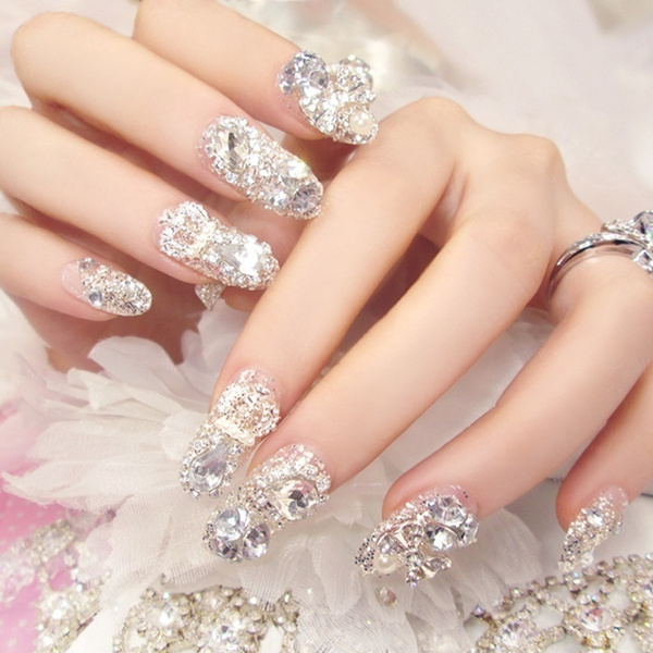 Shining Jewel Finished Fake Nails Piece Bride Wedding Art Decoration