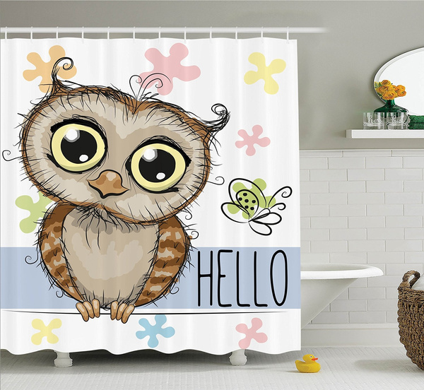 Owls Home Decor Collection Cartoon Owl And A Erfly On Fl Background With O Message Image Polyester Fabric Bathroom Shower Curtain Set Hooks Tan Brown Blue Wish - Owl Home Decor