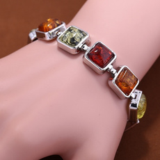 Vintage Natural Square Amber Silver Plated Overlay Bead Bracelet Creative Party Jewelry Gifts