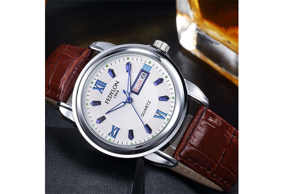 Fedylon Watch Men Top Brand Luxury Casual Leather Business Watches Classic Week Calender Mens Quartz Watch