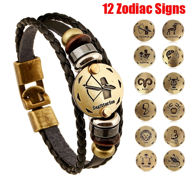 12 Zodiac Signs Leather Bracelet Wristband Bangle for Men and Women 