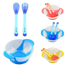 Baby Kids Toddler Suction Bowl Temperature Colorful Spoon Feeding Set
