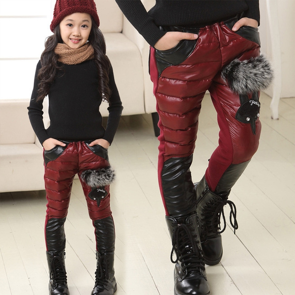 Children Fall Winter Thicken Warm Leather Pants Korean Cartoon Girls Casual Pants  Teen Trousers Dark Red 6-13 Years