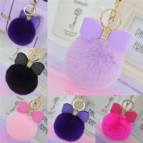 Rabbit Fur Pom-pom Key Chain Bag Charm Fluffy Puff Ball Bow Key Ring Car Pendant 