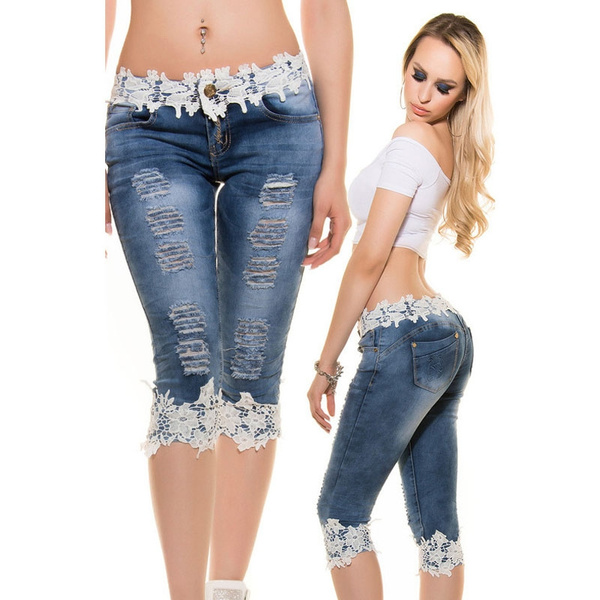 Women's Skinny Lace Crochet Hollow Out Denim Jeans Pants Slim