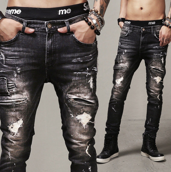 Fashion Mens Black Hole Jeans Slim Fit 