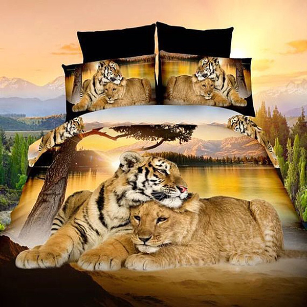 3D Printed Bedding Set Tiger and Lion Queen Size Duvet Cover+Bed