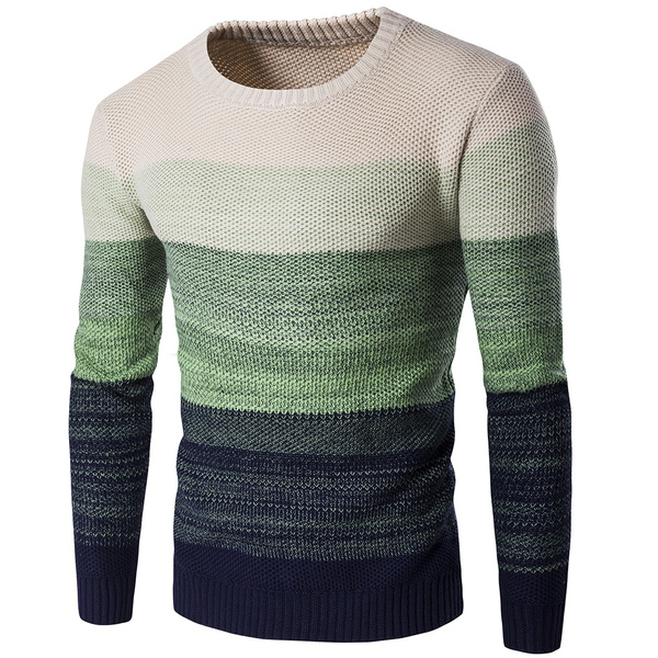 New Winter Sweater Men Fashion Gradient Patchwork Blue Green Red O-neck ...