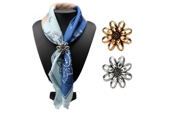 Flower Gold/Silver Women Lady Silk Scarf Jewelry Buckle Ring Clip Brooches 