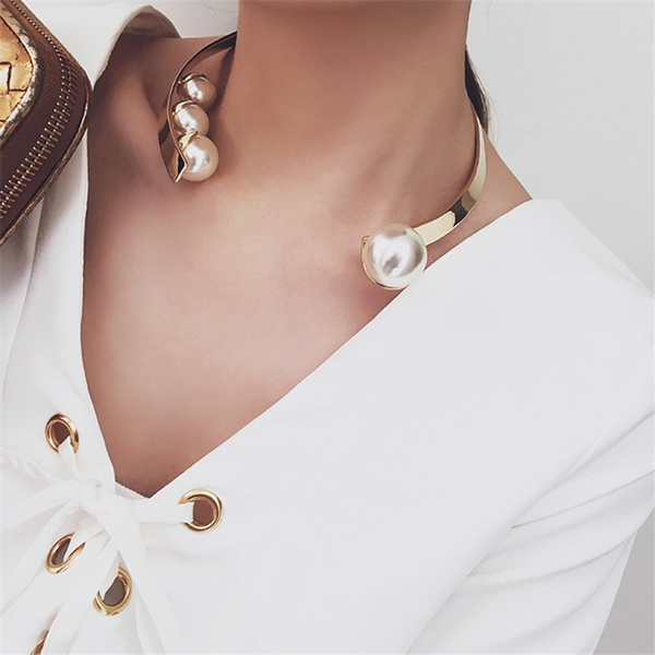 Gold Open Cuff Choker Necklace Pearl 