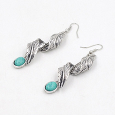 Tibet Silver Leaf Dangle Earrings Turquoise Ethnic Natural Stone Earrings