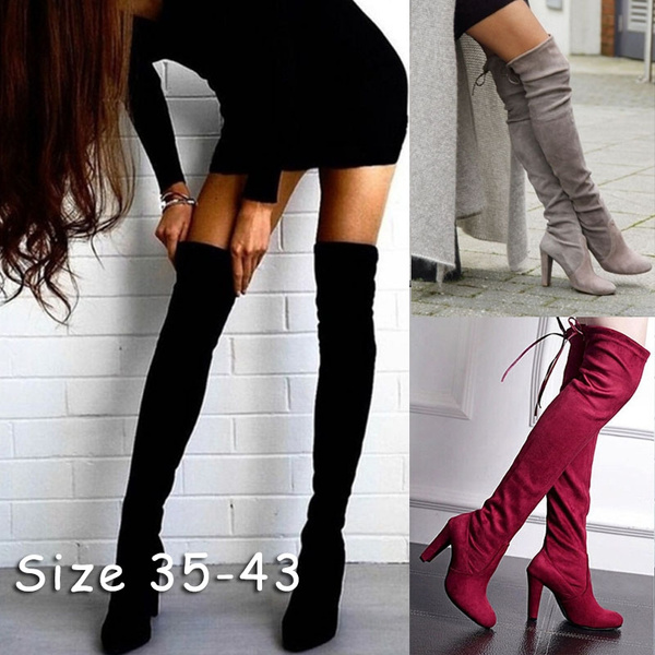 Heel Faux Suede Long Thigh Boots Shoes 