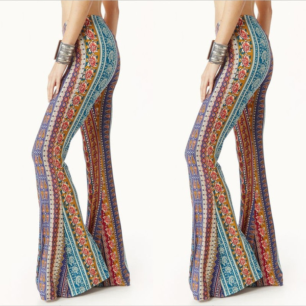 New Women Vintage Hippie BOHO Tie Dye Gypsy Bell Bottom Loose Yoga Wide Leg  Flared Long Pants