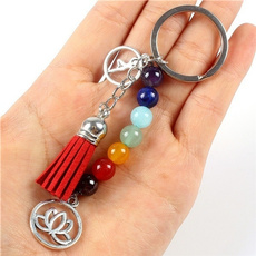 New Arrived Colorful Natural Stone Beads Crystal 7 Chakras Energy Yoga Fitness Key Chains Lotus Tassel Charm Key Rings Gifts