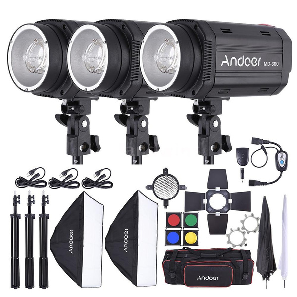 Andoer MD300 900W (300W * 3) Studio Strobe Flash Light Kit with Light