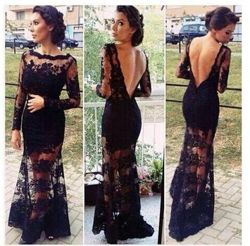 Black Backless Lace Evening Dresses Long Sleeves Sheath Prom Dresses Formal Wedding Party Gowns Women Pageant Dress