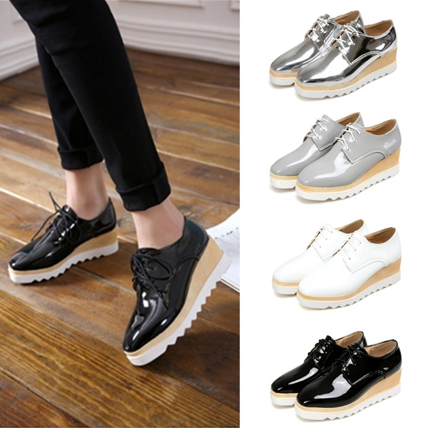 HEE GRAND Women Patent PU Leather Oxfords Platform Wedges Shoes Woman Boots  Autumn Casual Creepers Solid High Heels Boot XWD4083