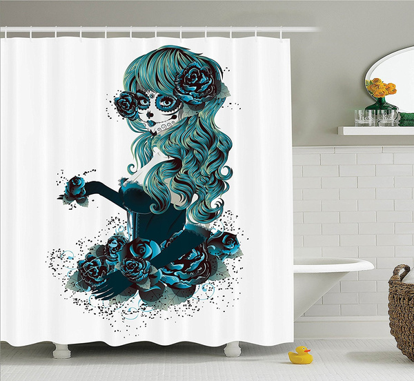 Skulls Decorations Collection Vintage Sugar Skull Girl Day Of The Dead Bride With Dark Color Roses Graphic Art Polyester Fabric Bathroom Shower Curtain Set Hooks Pea White Wish Vintage Sugar Skull Girl, Sugar Skull Shower Curtain Hooks