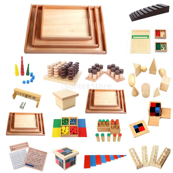 Rectangle Big Wooden Tray Montessori Toys Cubes Holder with Handles 