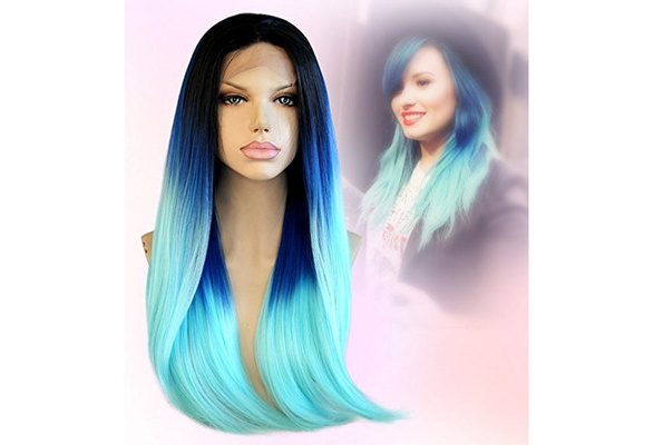 Long Ombre Synthetic Lace Front Wigs Blue Wig Dark Roots Ombre