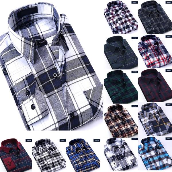 Flannel Men Slim Fit Plaid Shirts Mens 