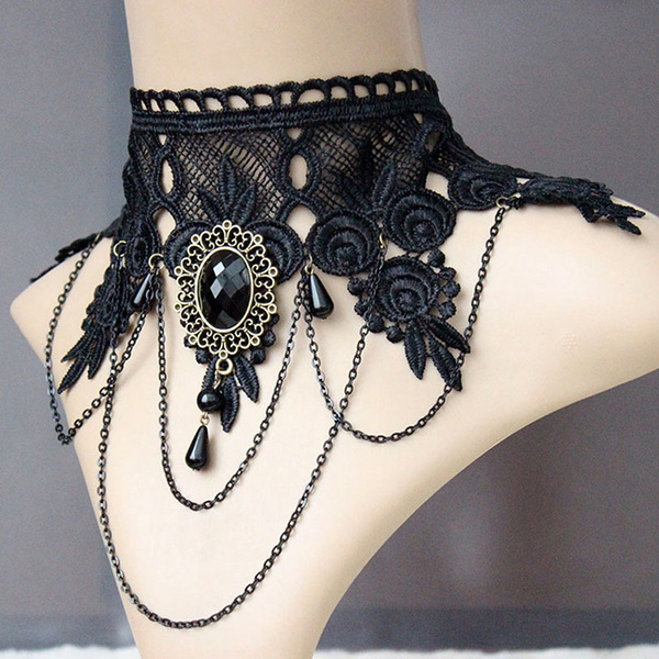 Women Black Lace Flower Chain Tassel Choker Collar Necklace Gothic Punk ST 