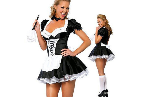 Men's pom-pom Girl Fancy Dress French Maid Satin uniforme rôle nigtwear Costume 
