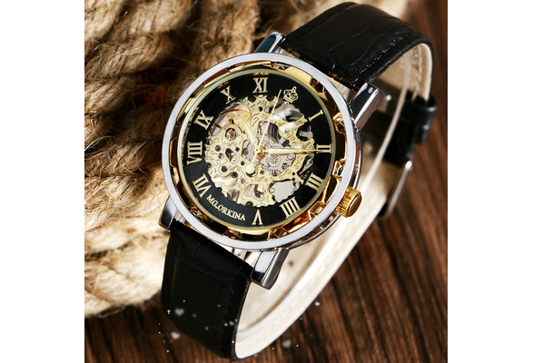 Mr. Orkina Luxury Men Women Mechanical Watches Roman Number Skeleton Steampunk Wristwatches with Black Leather Strap Wish