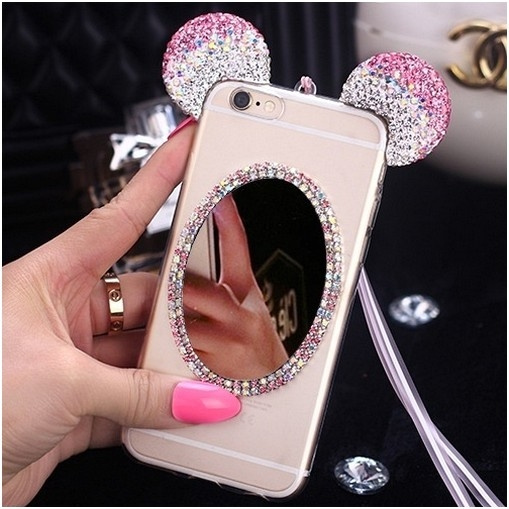 3D Cute Cartoon Bling Diamond Rhinestone Mickey Minnie Mouse Ears Case Clear Mirror Cover for iPhone 6 6s 4.7 Plus 5.5