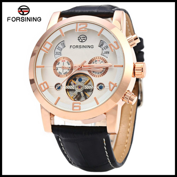 2016 Forsining A165 Men Business Tourbillon Mechanical Round Stainless Steel Wrist Watch Leather Strap Date Week Month Year Display Gift