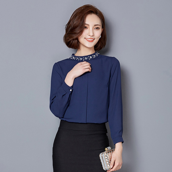 Blue Red White Chiffon Blouse Autumn Women Long Sleeve Stand