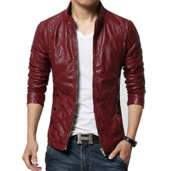 New Mens PU Leather Stand Collar Jacket Slim Fit casual Jacket Top Coat Outwear