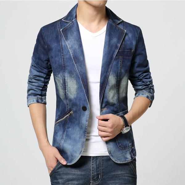 Men Jean Jacket Men Denim One Button Blazer Jackets Suits for Men