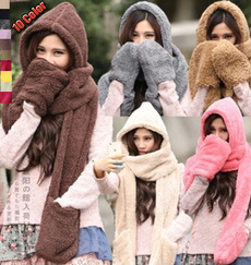 3 In 1 Women Winter Warm Fleece Hood Scarf Snood Pocket Hats Gloves