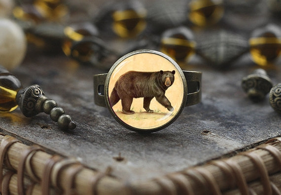Antique style Animal jewelry art print bear ring Bear Antique bronze tone Adjustable ring Bear ring Animal Bear Jewelry