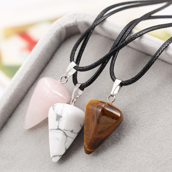 天然三角锥形能量玉石皮绳项链黄琥珀松石复古情侣颈链 Wish
