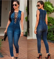 Sexy Bandage Deep V Neck Sleeveless Women Jeans Color One Piece Lace-Up Denim Jumpsuit Women Casual Rompers Plus Size Catsuits