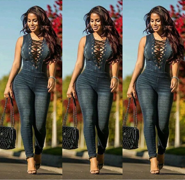 New Style Denim Rompers Overalls Women Skinny Jeans Sexy Blue Lace